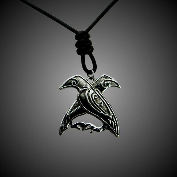 Odin's Ravens Pendant Necklace with Hand Knotted Soft Black Leather Cord - Picture 1 of 9